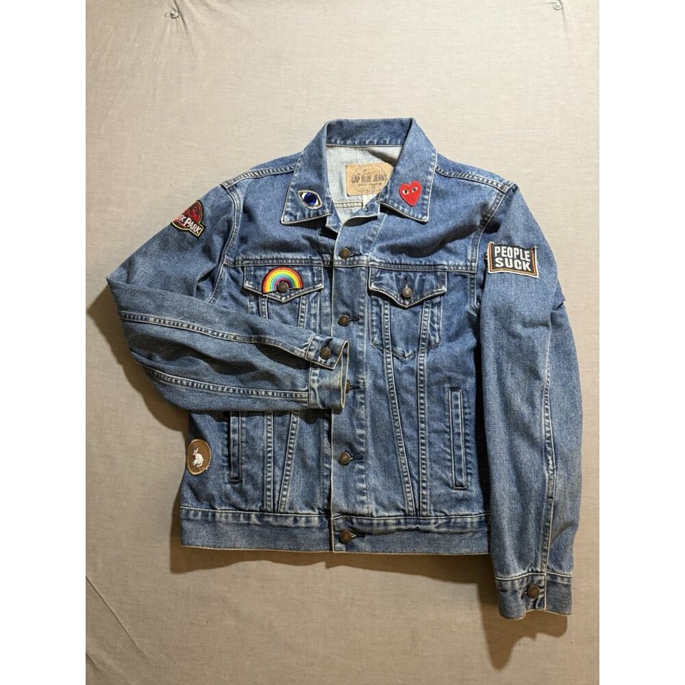 Vtg Gap Denim Jacket Men Medium Blue Patches Biker Trucker Retro Y2K Grunge